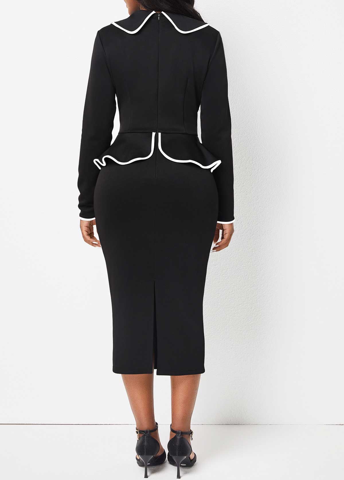 Turn Down Collar Black Long Sleeve Bodycon Dress