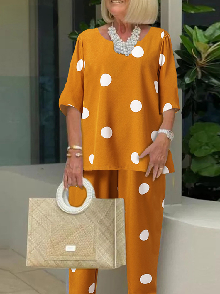 Polka dot top and pants two-piece set