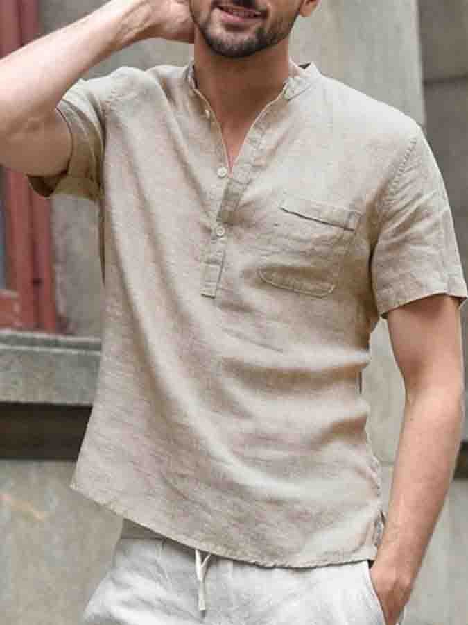 Men's Stand Collar Cotton Linen Short Sleeve Shirt
