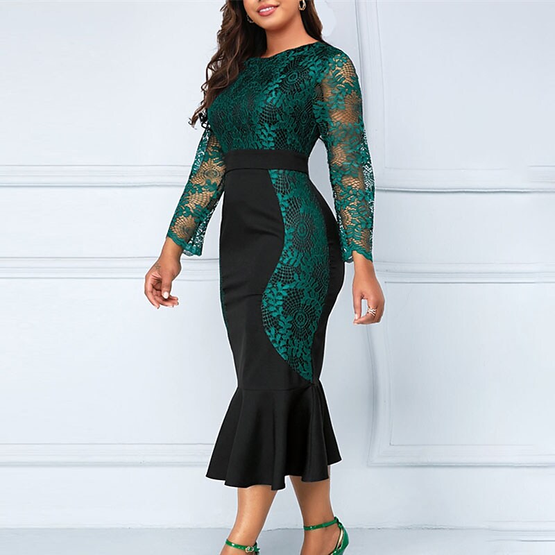 Women's Plus Size Party Dress Floral Crew Neck Long Sleeve Winter Fall Fashion Elegant Formal Midi Dress Party Evening Party Dress