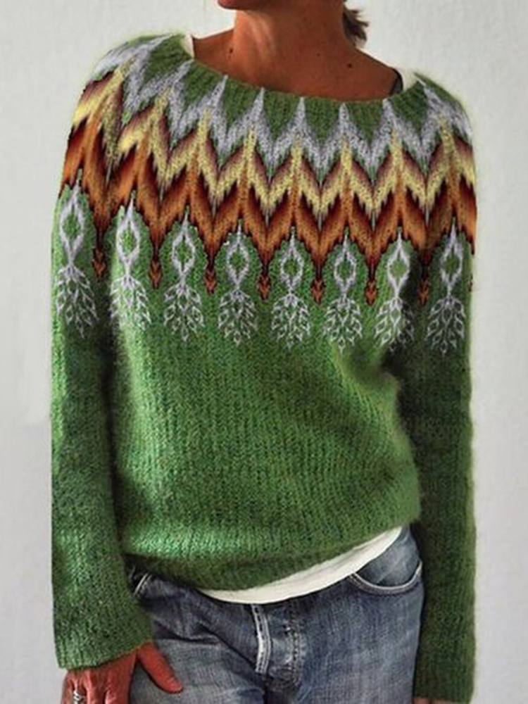 Vintage Crew Neck Ethnic Woven Contrast Sweater
