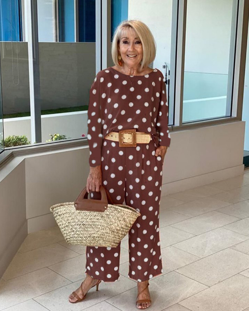 Polka dot long sleeve top wide leg pants set