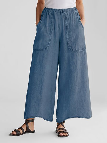 Women's Cotton Linen Wide Leg Mid Waist Casual Trousers With Insert Pockets