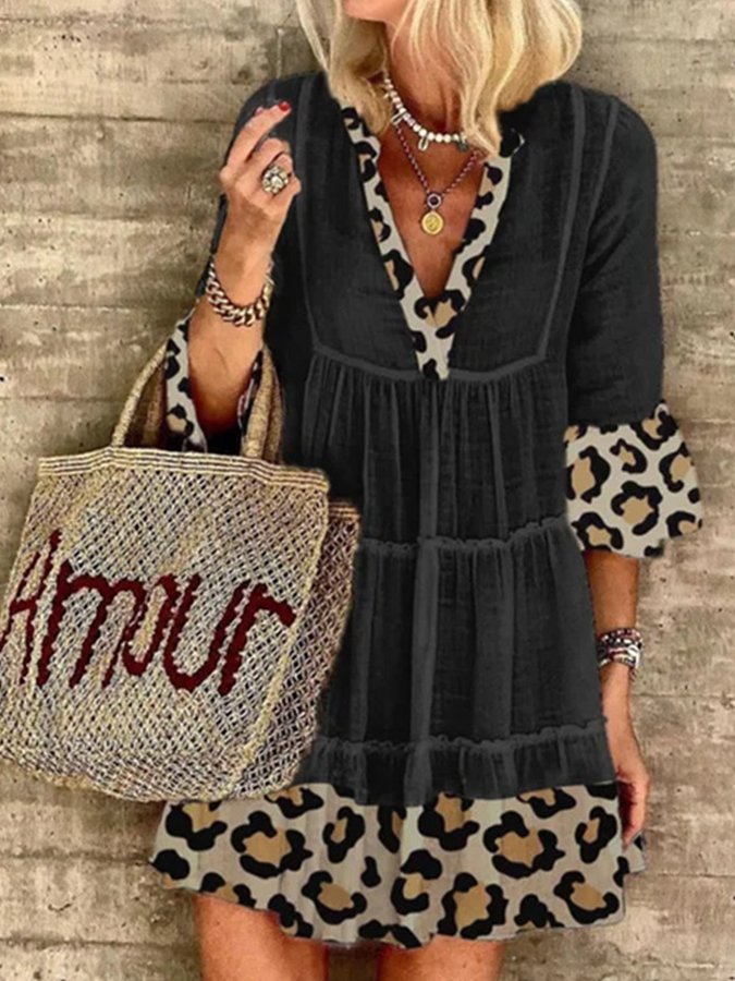 Ladies Cotton Linen Fashion Leopard Print Patchwork Dress