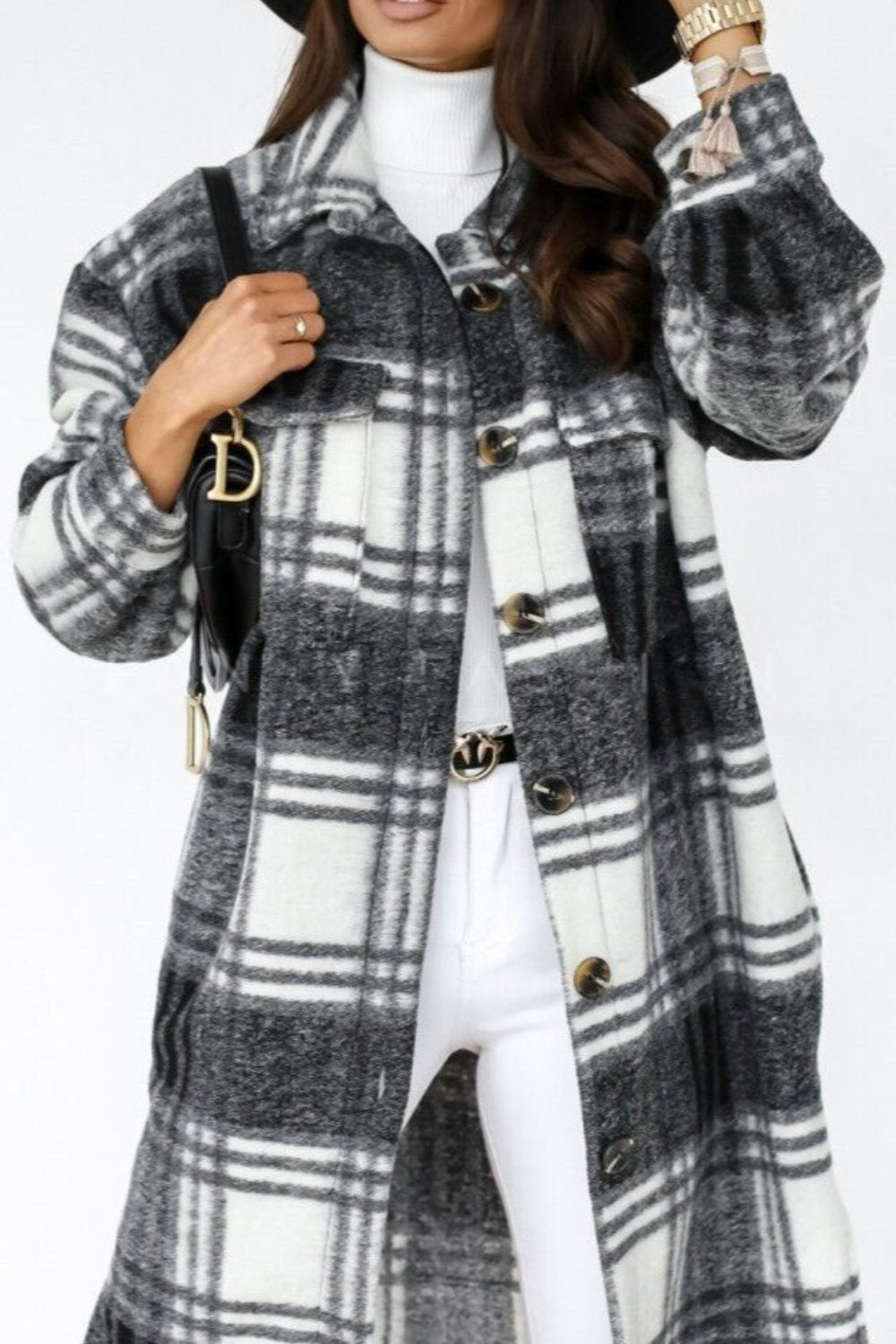 Elegant plaid design long sleeve women coat