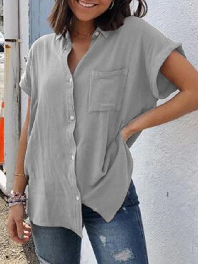 Ladies Cotton Linen Short Sleeve Retro Casual Simple Shirt