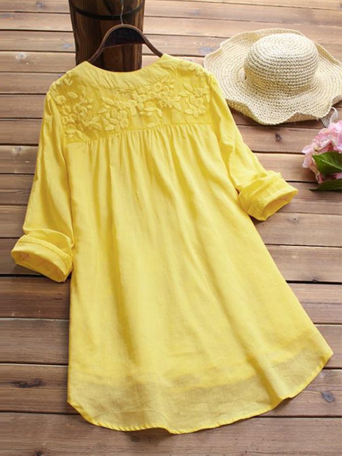 Women's Cotton Linen Lace Embroidered Long Sleeve Shirt