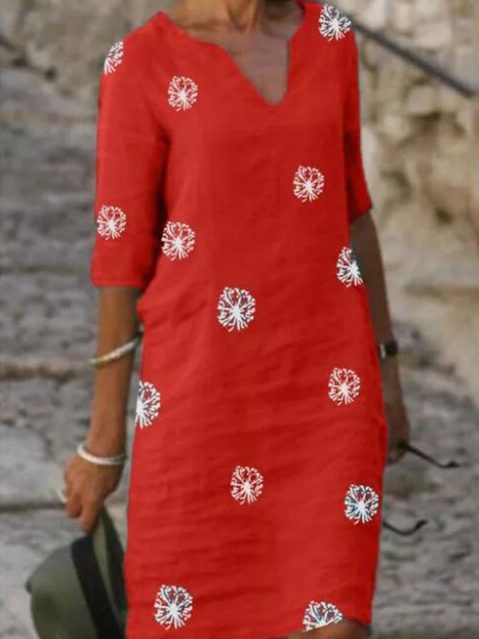 Ladies Cotton Linen V-Neck Vintage Casual Dress