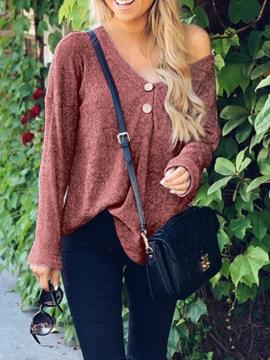 Buttoned V-neck Loose Knit Sweater