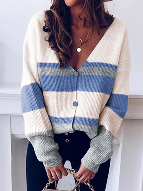 Sexy V Neck Contrast Stitching Long Sleeved Sweater Cardigan