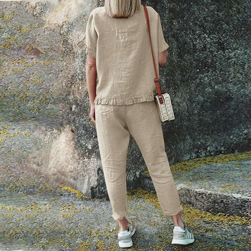 Cotton and linen short sleeve top + trousers loose fitting suit