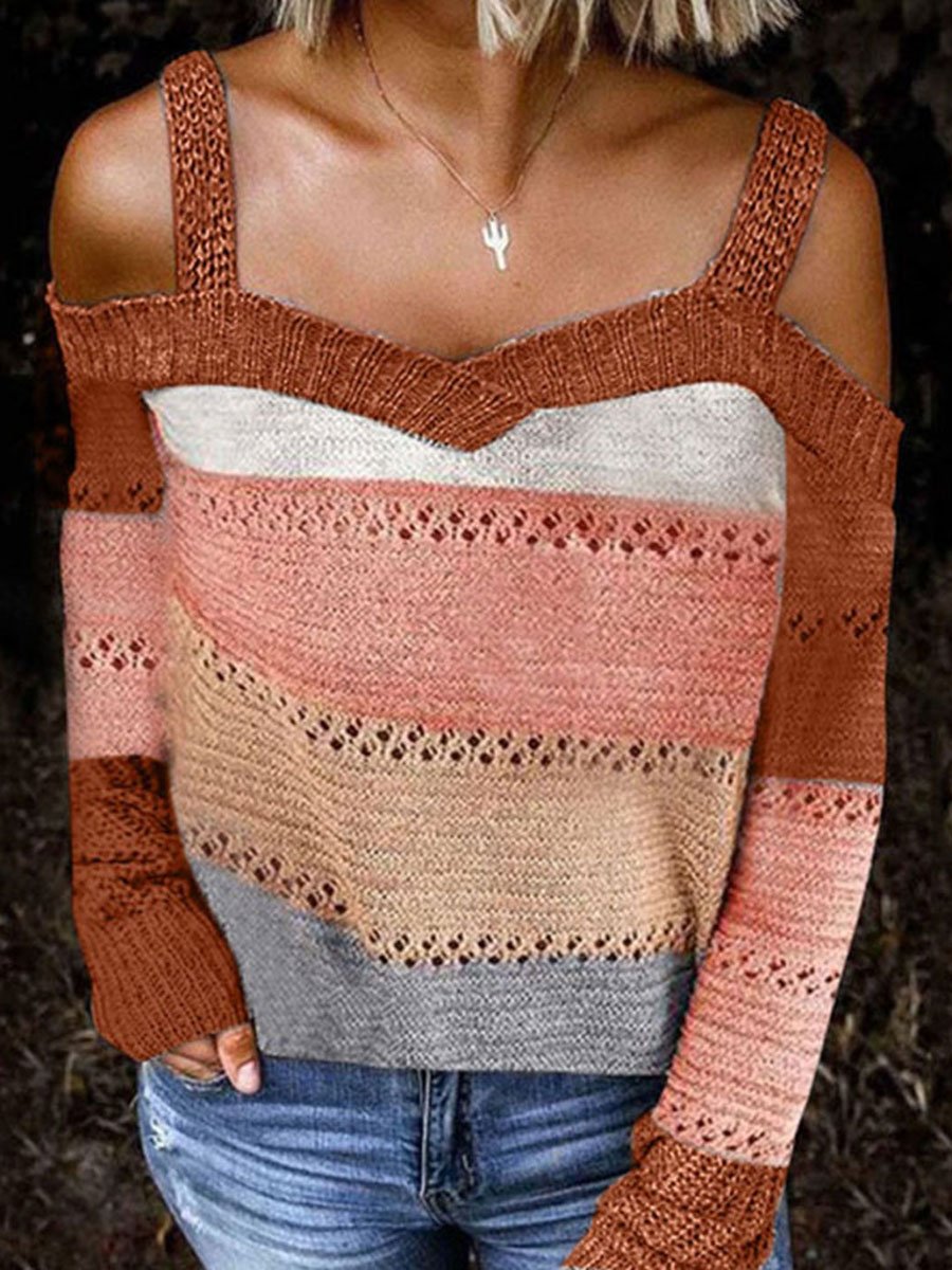 Off-the-shoulder stitching casual long-sleeved knitted sweater