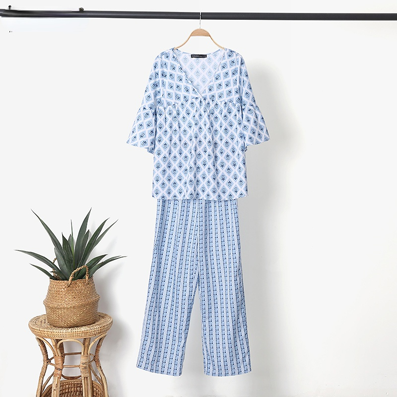 Spring Printed Women Matching Sets Two Pieces Short Sleeve V-Neck Blouse Bohemian Elastic Pants 2022 Tracksuit Outfit