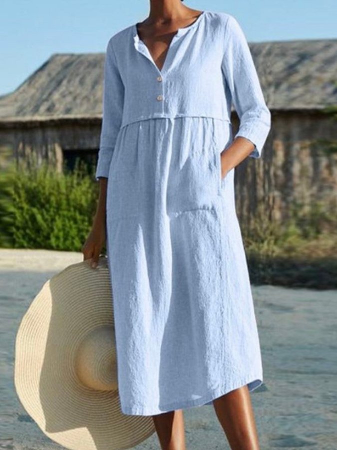 Ladies Cotton Linen Round Neck Pocket Solid Color Dress