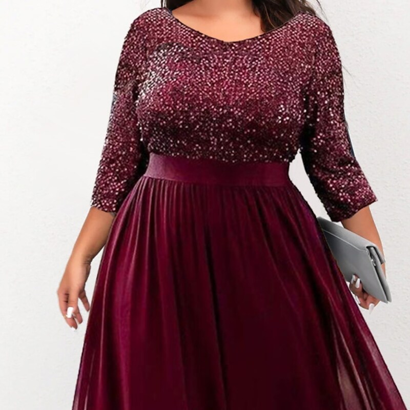 Women's Plus Size Party Dress Solid Color Crew Neck 3/4 Length Sleeve Dress