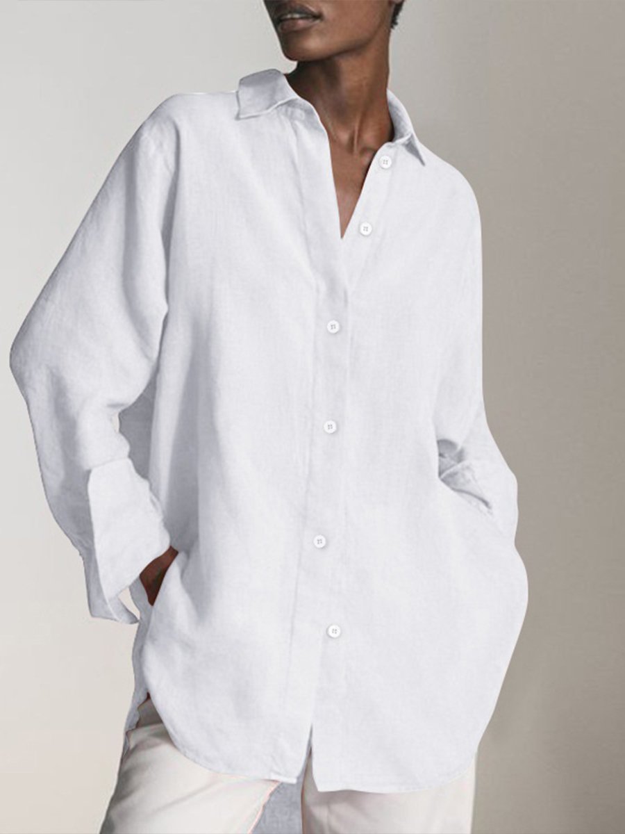 Women's Solid Color Cotton Linen Long Sleeve Shirt