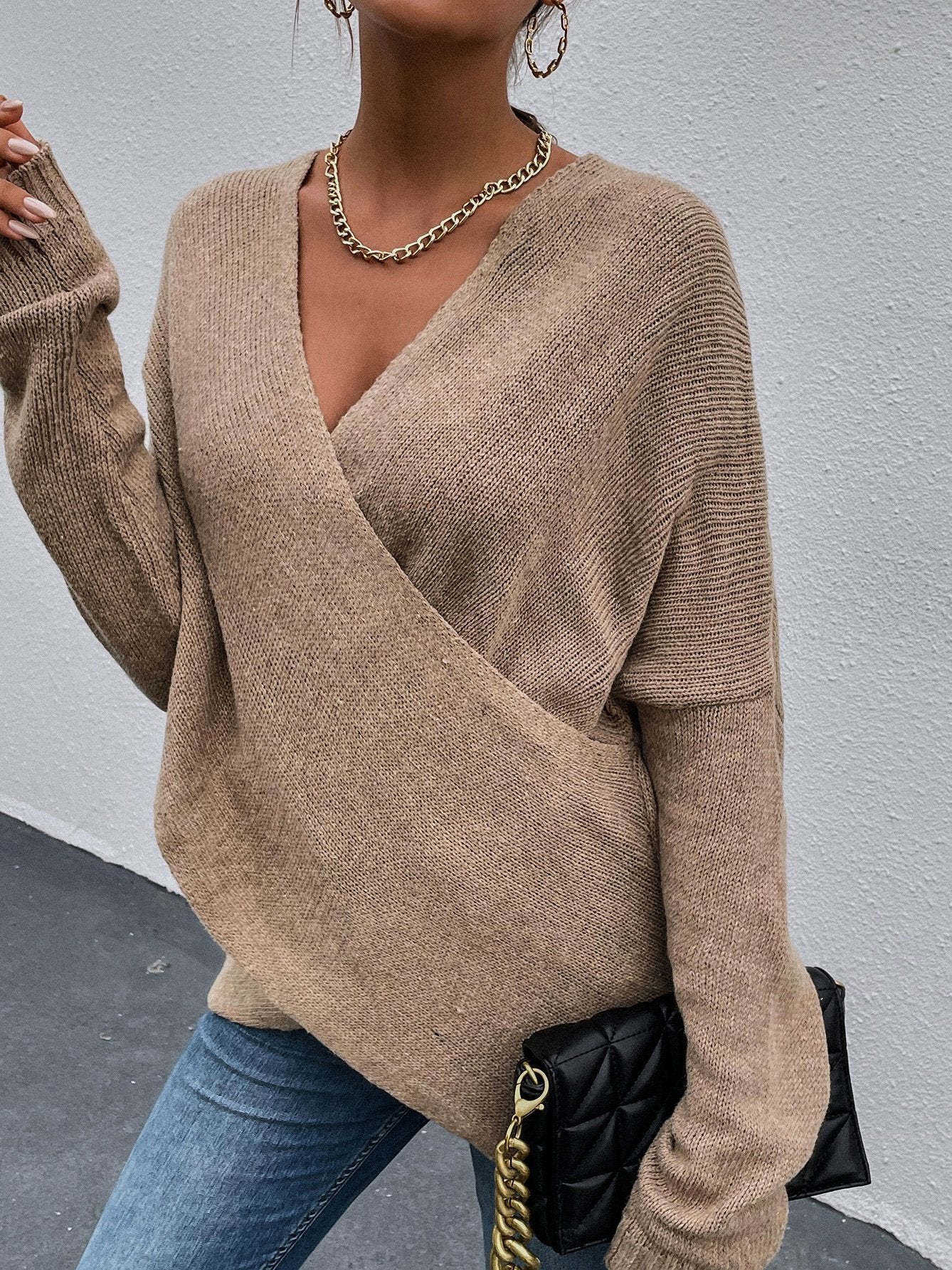 Women's Cross V-Neck Long Sleeve Knitted Sweater