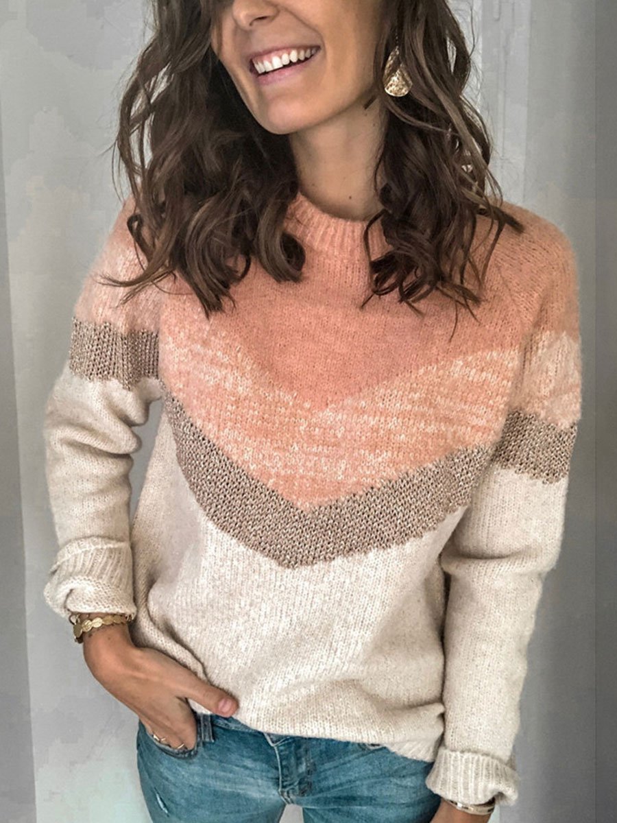 Round neck contrast stitching knitted sweater