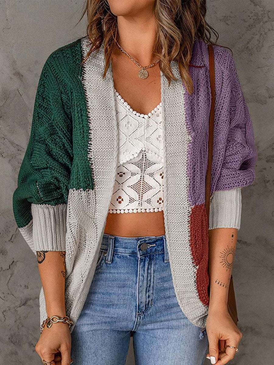 Casual Loose Sweater Contrast Panel Cardigan