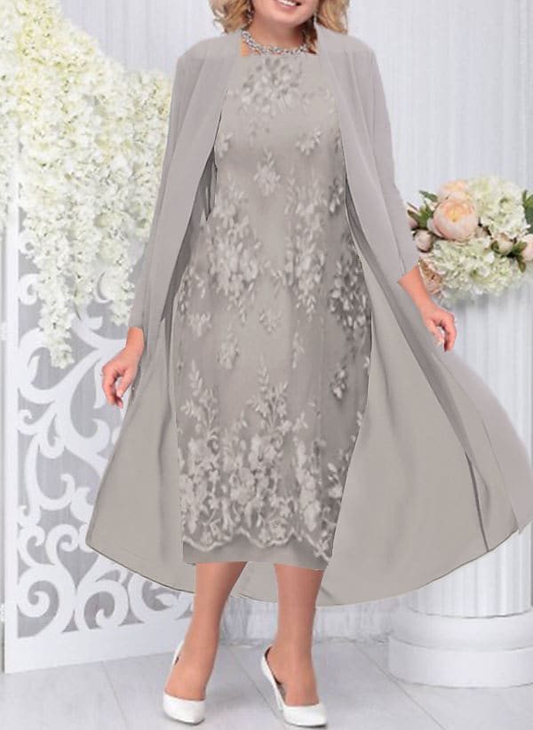 Women's Plus Size Two Piece Dress Floral Crew Neck Ruched Long Sleeve Dress