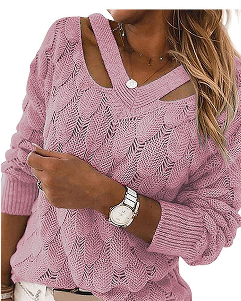 Women's Off the Shoulder Sweater Long Sleeve V-Neck Top