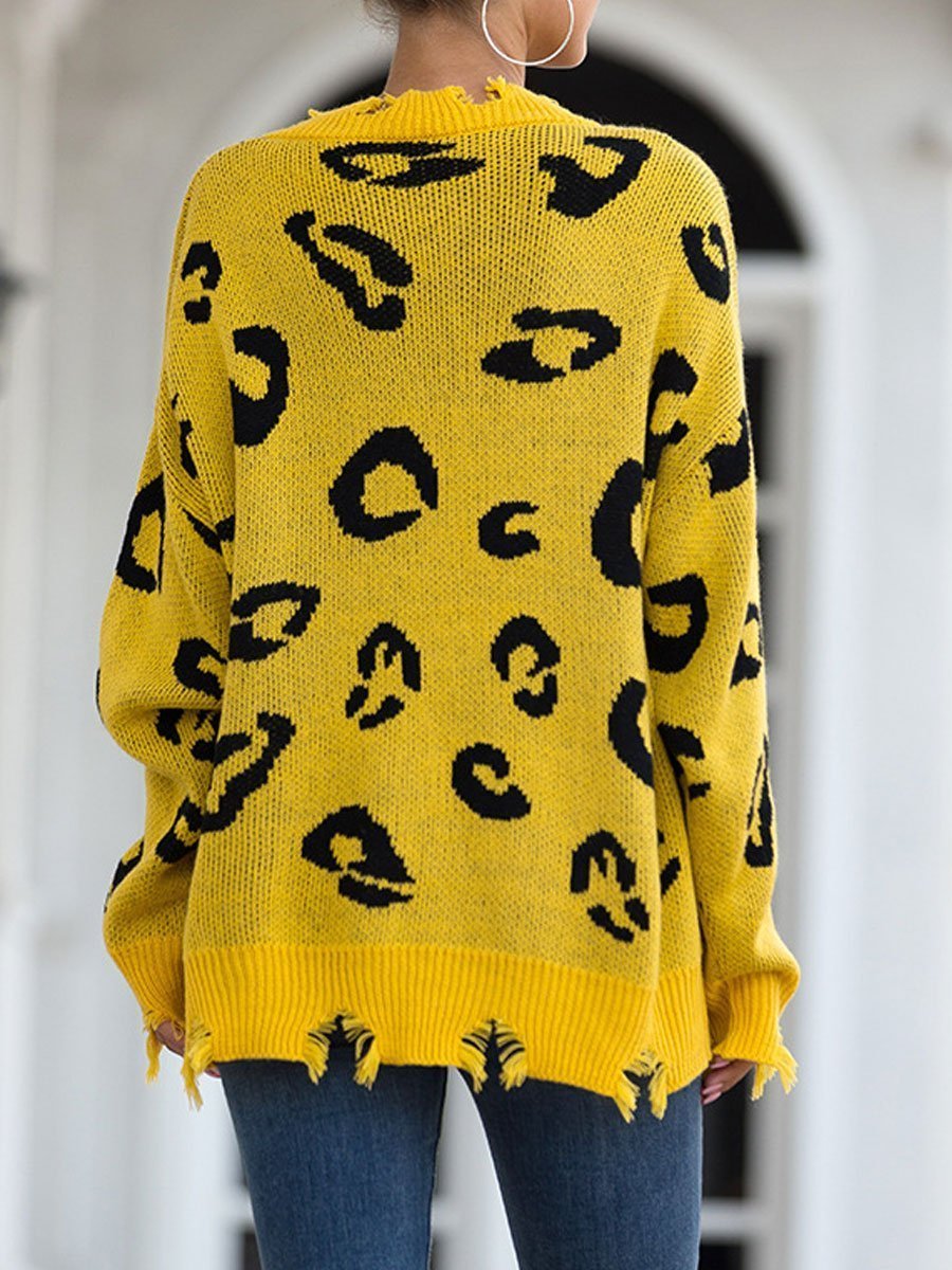 Leopard V-neck Hole Sweater