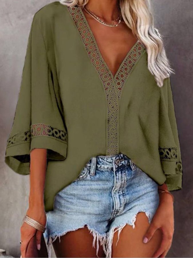 Women's Sexy V-Neck Cutout Lace Shirt
