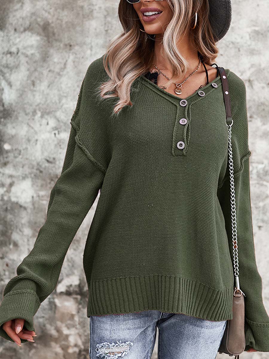 V-neck Drop-shoulder Sleeve Single-breasted Sweater