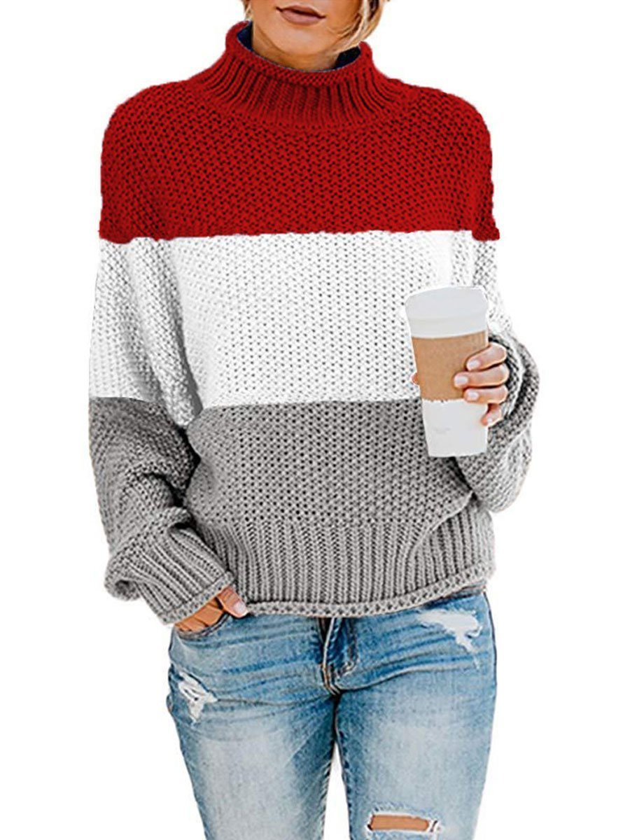 Color block turtleneck knitted sweater