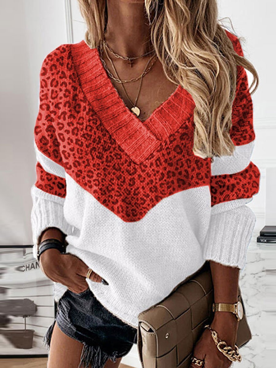 Leopard Color Block V-Neck Sweater