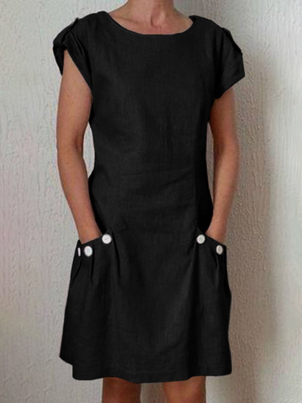 Women's Pure Color Pleated Pocket Cotton Dress