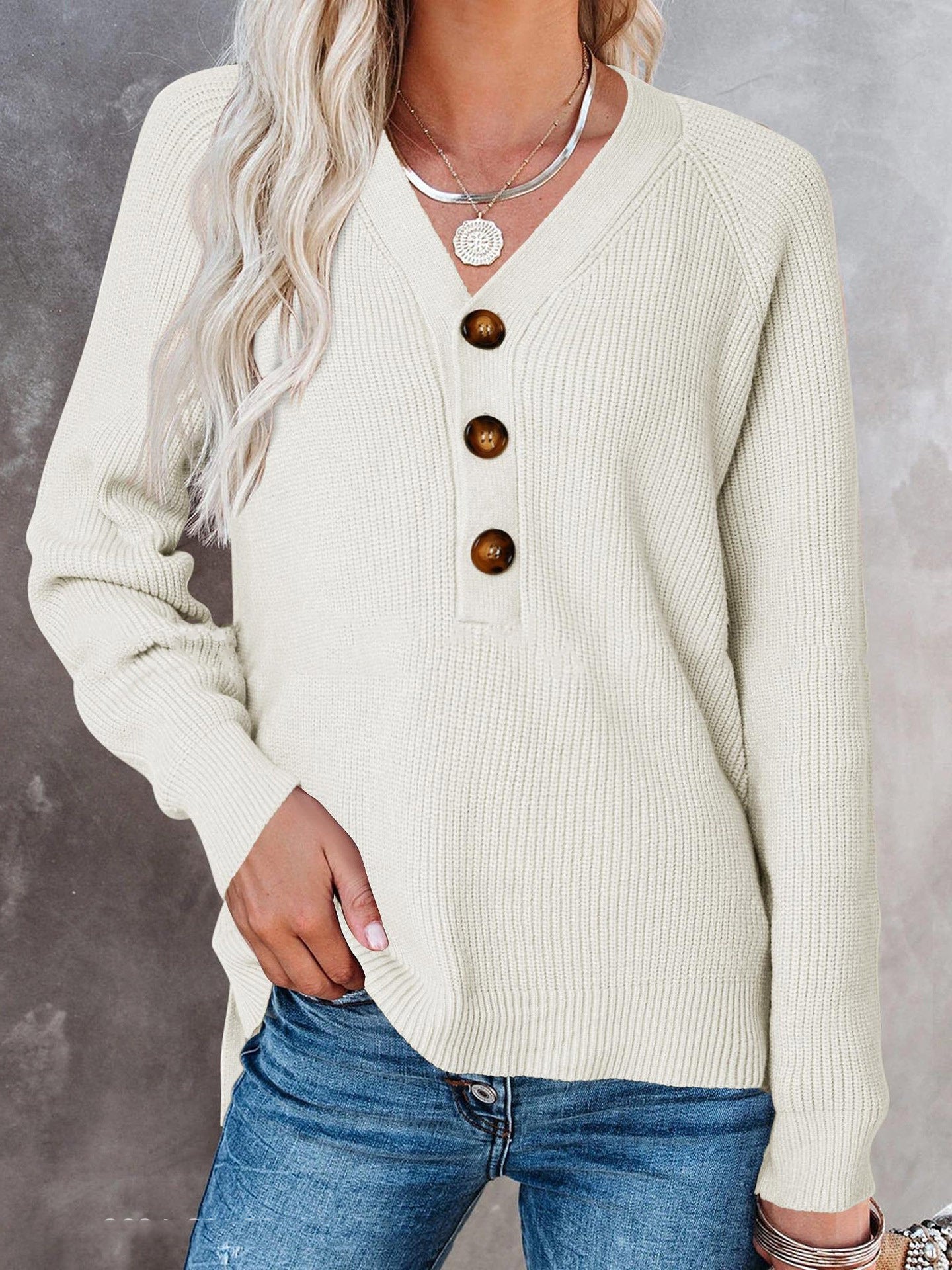 Women's Solid Long Sleeve Button Sweater