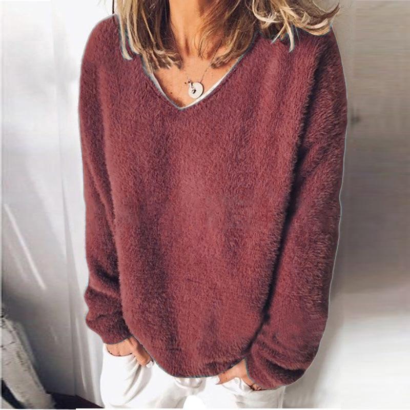 V-Neck Solid Color Furry Sweater