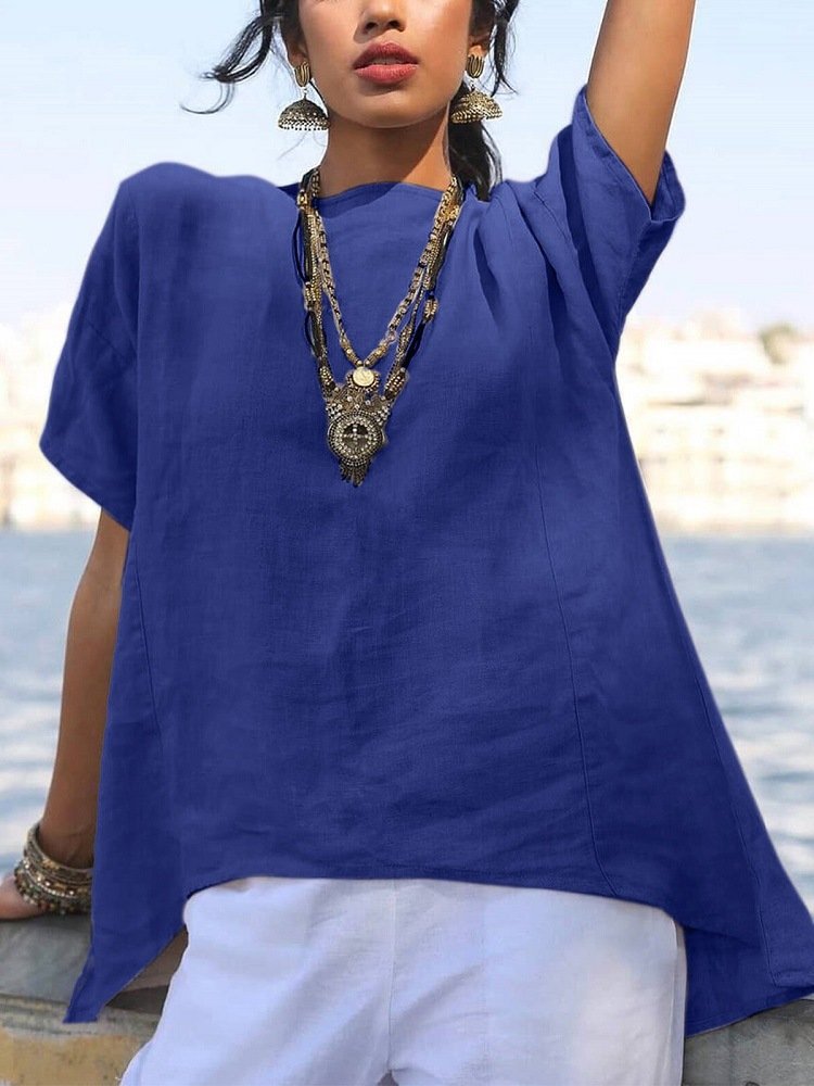 Ladies Cotton Linen Irregular Hem Panel Casual Short Sleeve Shirt