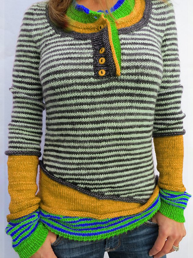 Red Wool Blend Long Sleeve Striped Paneled Sweater