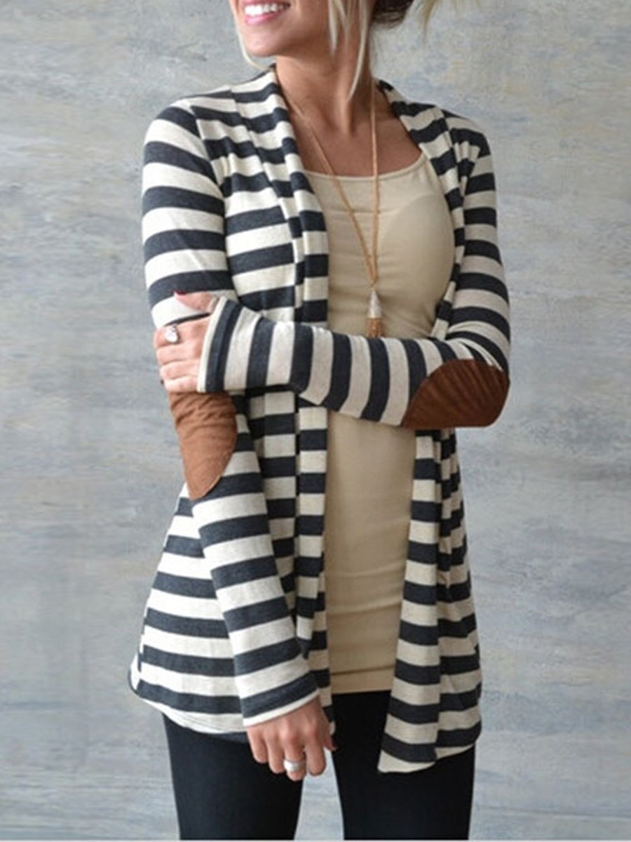 Slim Long Sleeves Striped Arm Patched Cardigan