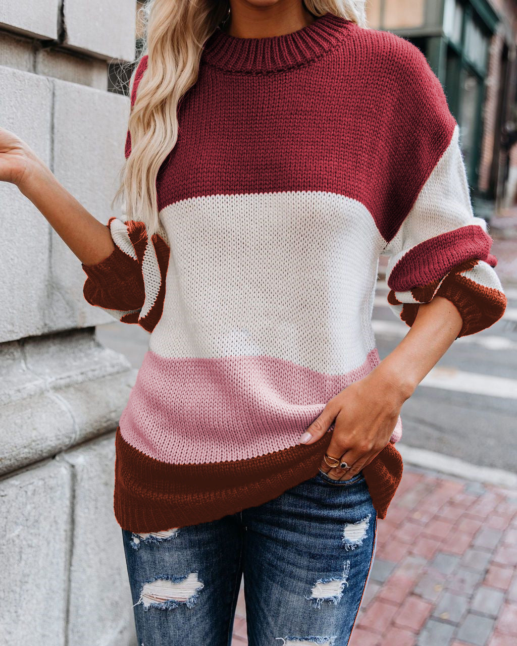 Women's Color Block Long Sleeve Sweater Top