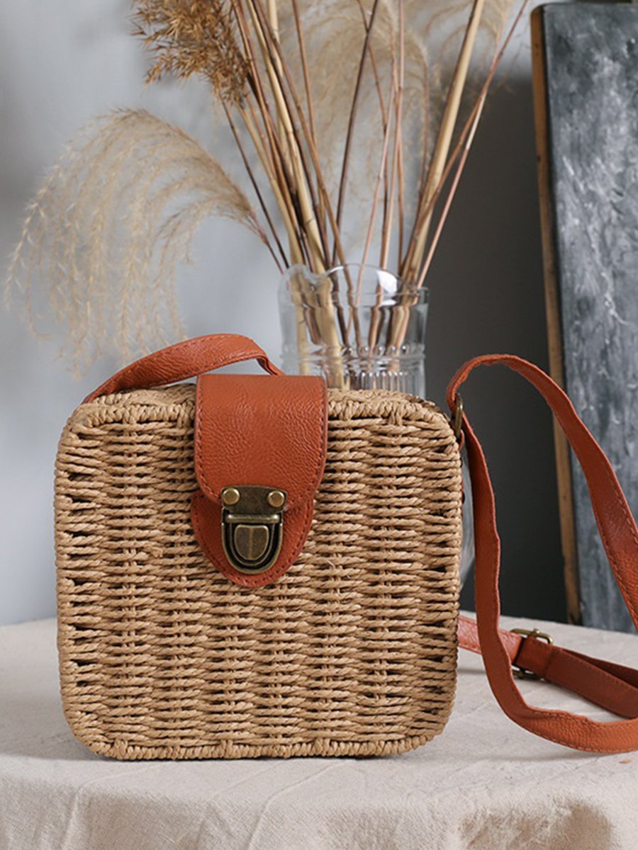 Women's One Shoulder Beach Resort Straw Small Square Bag Candy Bag