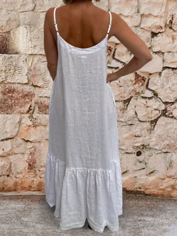 Ladies Cotton Linen Casual Loose Sling Dress