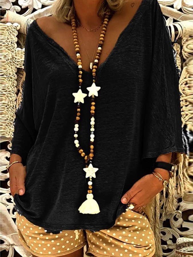 Women's Casual Solid Color Deep V Batwing Sleeve T-Shirt