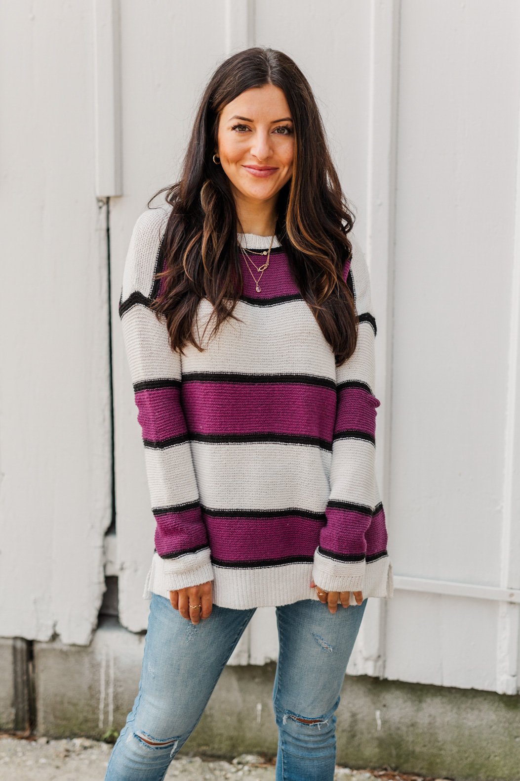 Oh So Soft Striped Knit Sweater- Magenta