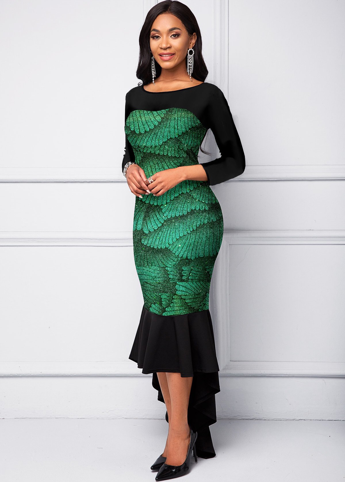 Foil Printing Three Quarters Sleeve Maxi Dress