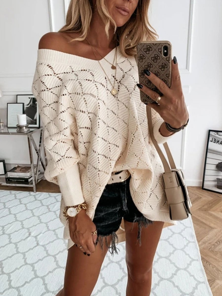 V-neck hollow bat sleeve loose knit sweater