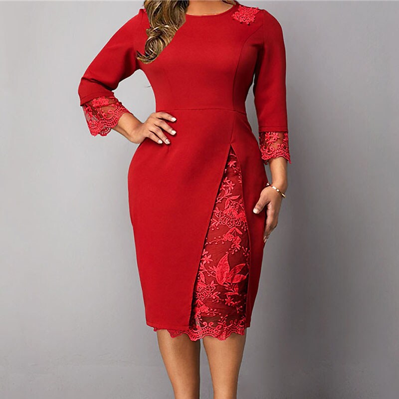 Women's Plus Size Party Dress Solid Color Round Neck Lace Dress