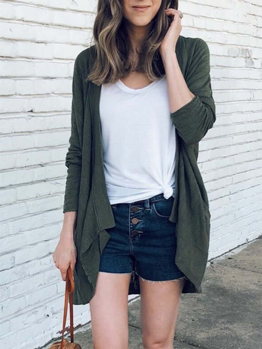 Knitted Solid Color Irregular Hem Cardigan