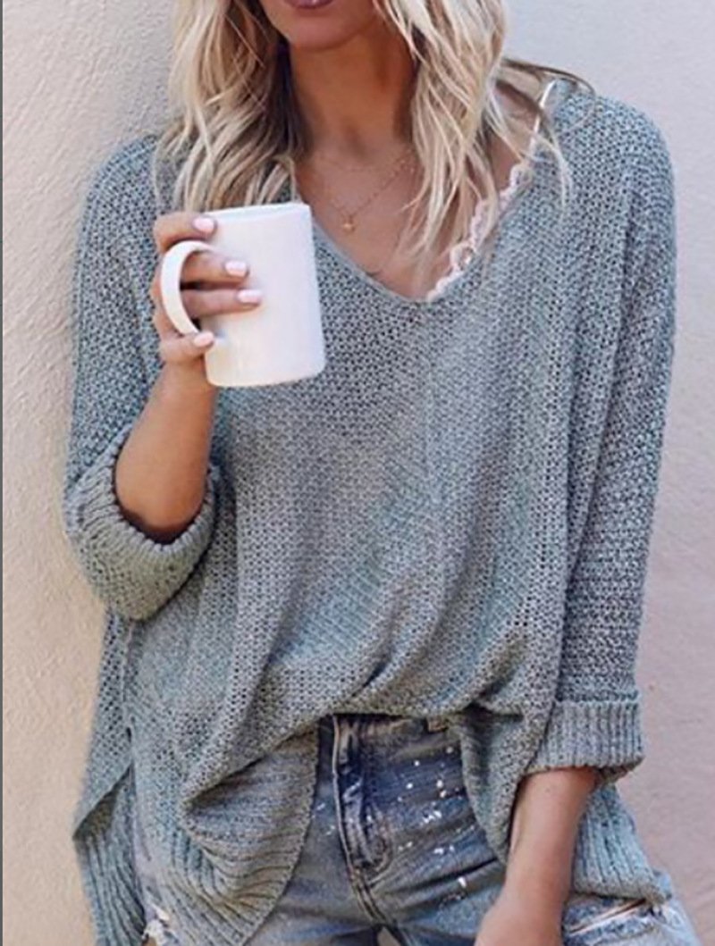 V-neck solid color knitted sweater