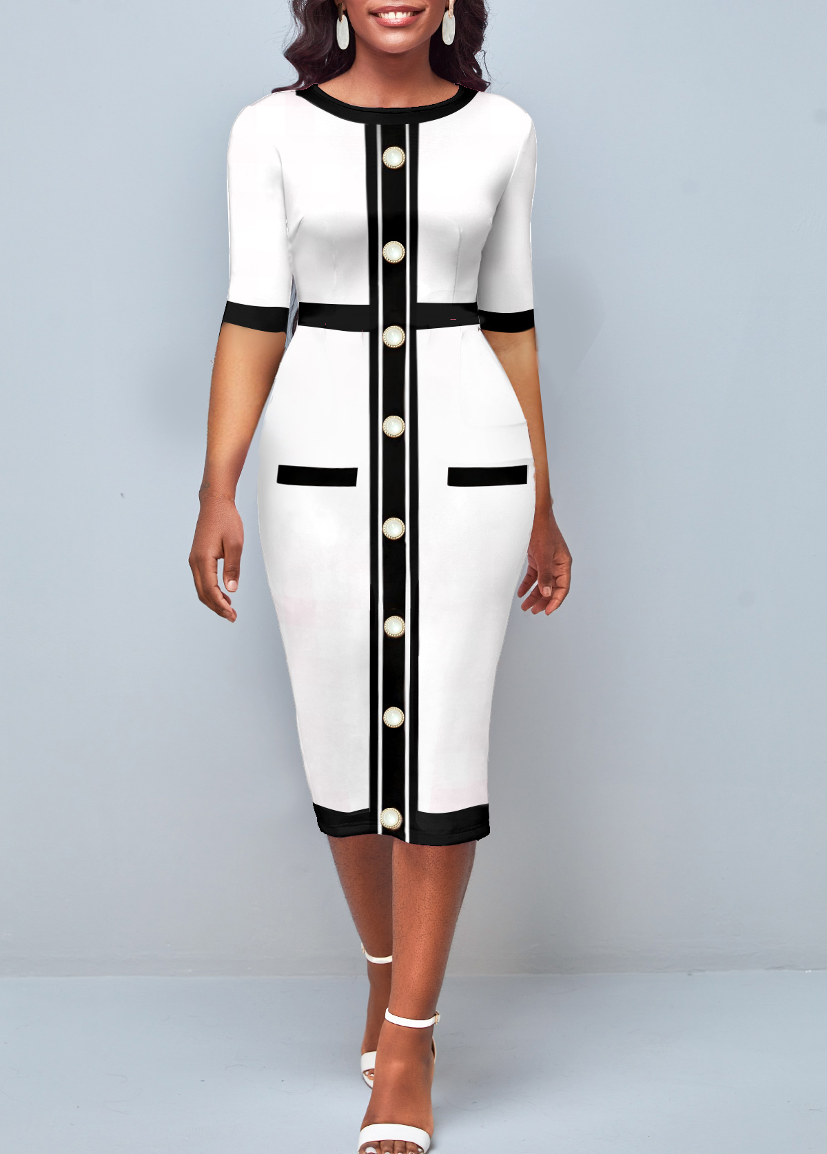 Contrast Stitch Half Sleeve White Dress