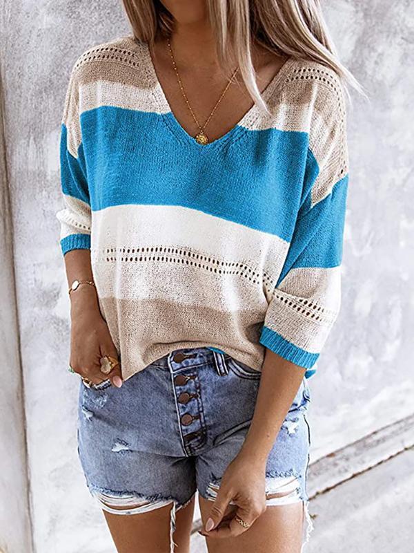 Striped Color Block Hollow Long Sleeved Sweater