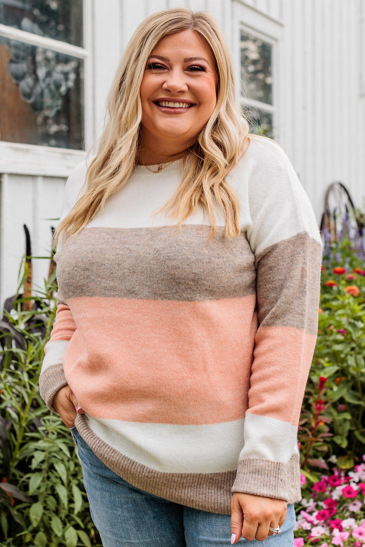 Unleash Your Shine Color Block Sweater- White, Mocha, & Pink