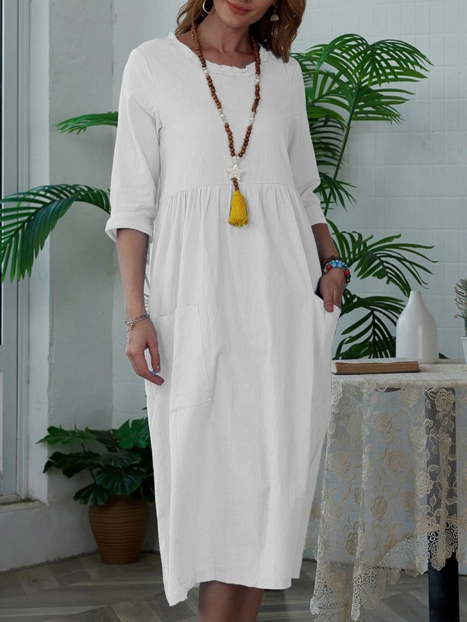 Women's Fashion Simple Solid Color Round Neck Mid Sleeve Dress